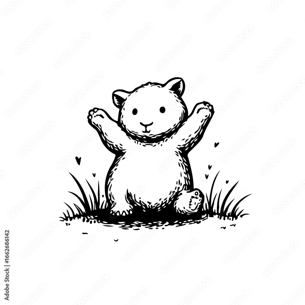 Fototapeta premium Adorable monochrome illustration of a bear cub sitting among grass with arms outstretched inviting