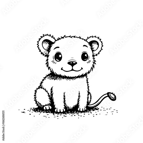 Adorable monochrome lion cub illustration showcasing innocence and charm in a simple line art