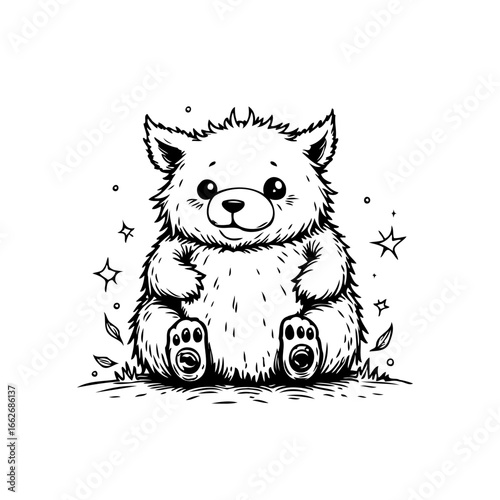 Adorable monochrome illustration of a fluffy cartoon bear surrounded by stars and leaves showcases