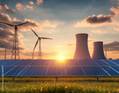 Renewable energy sources including solar panels wind turbines and nuclear power plant cooling towers at sunset isolated on transparent background