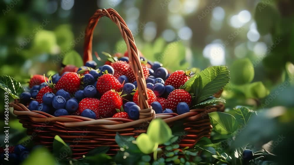 A woven basket filled with strawberries and blueberries sits amongst greenery A woven basket filled with strawberries and blueberries sits amongst greenery