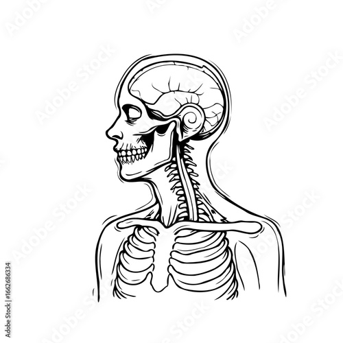 Anatomical illustration showcasing human skeletal structure and internal organs presented in