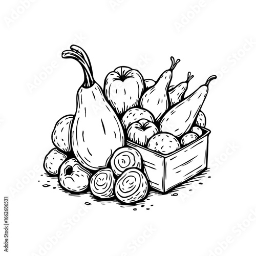 Artistic monochrome depiction of a plentiful harvest a wooden crate showcasing various fruits