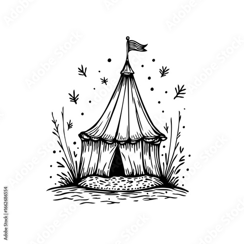 Artistic monochrome rendition of a whimsical circus tent nestled among decorative foliage design