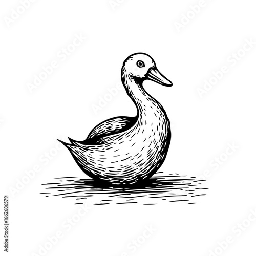 Artistic rendering of a poised duck with detailed line work capturing its serene waterbird essence