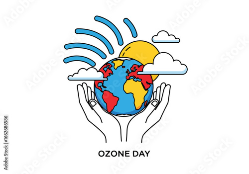 Ozone Day illustration featuring hands holding the Earth with sun and clouds.