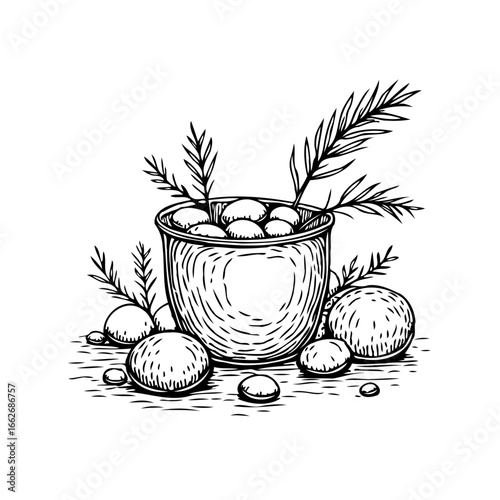 Botanical sketch featuring pot filled with spherical stones surrounded by river rocks and