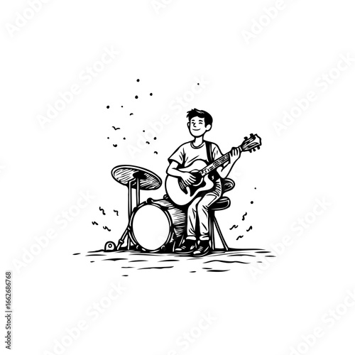 Boy immerses himself in musical expression, crafting rhythmic guitar melodies while drumming