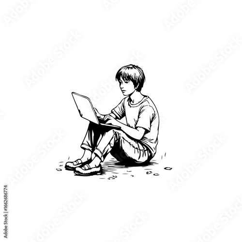 Boy sitting with computer concentrated in screen working on homework using laptop in outdoor