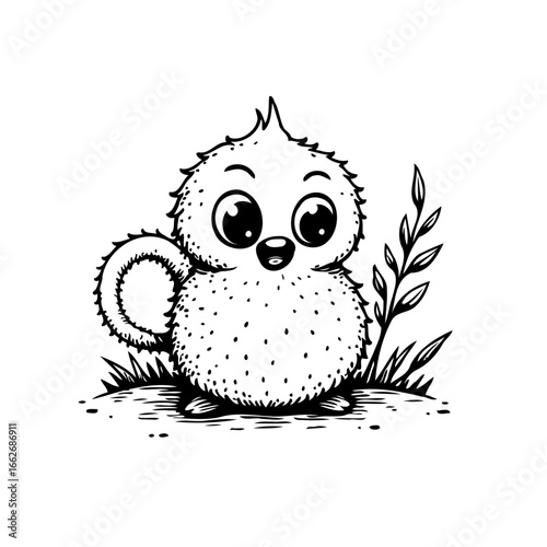 Cartoon puffball creature standing playfully amidst foliage enhancing imaginative storytelling and