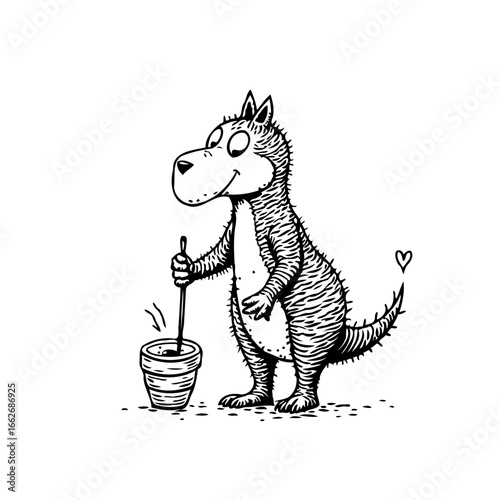 Cartoonish domesticated animal stirring a pot of something creative and imaginative whimsical