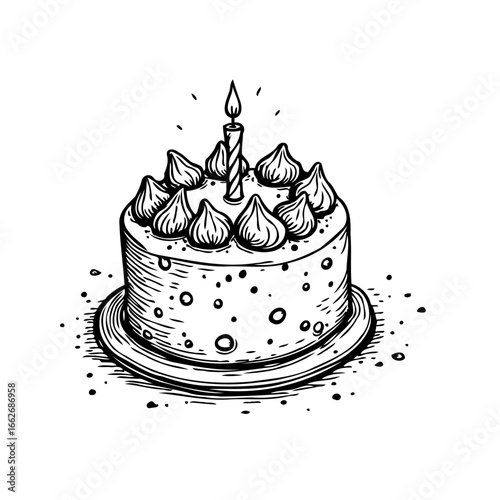 Celebratory cake with a single candle, handcrafted sketch for festive design and decorative