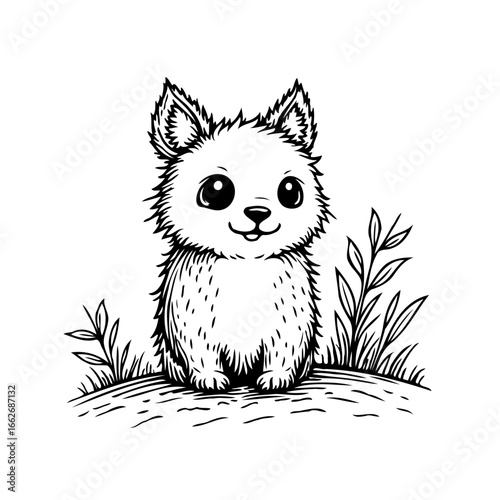 Charming fluffy animal illustration in detailed hand drawn style evoking innocence and simplistic