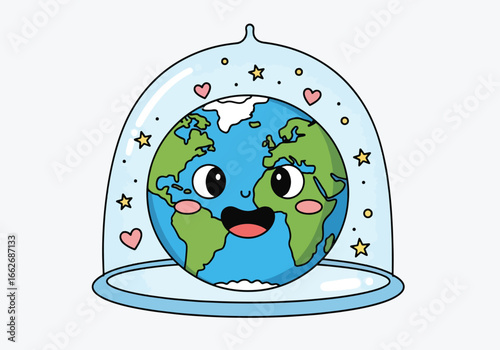 A cute, happy cartoon Earth protected under a glass dome with stars and hearts.