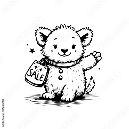Charming hand drawn illustration of a teddy bear cheerfully promoting a big seasonal discount