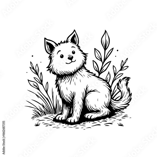 Charming monochromatic sketch of a playful canine amidst foliage in a simplistic art style