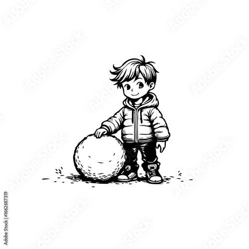 Charming line art featuring a young boy with an endearing smile ready to embrace winter fun snowball