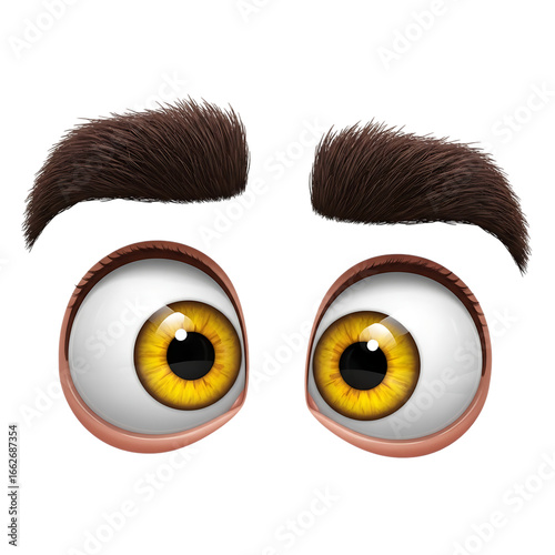 Illustration of a pair of cartoon eyes with bushy eyebrows, looking surprised or curious, isolated on a transparent background