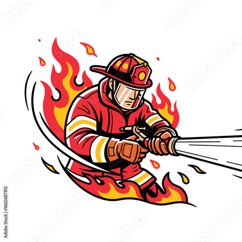 Dynamic illustration of a heroic firefighter in action, battling a fierce fire with a water hose. A symbol of bravery, rescue, and emergency services