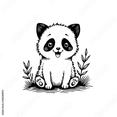 Charming panda cub illustration amidst foliage evoking playful innocence and captivating whimsical