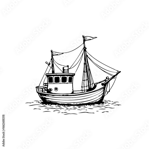 Classic nautical vessel illustration showcases maritime heritage with traditional fishing boat and
