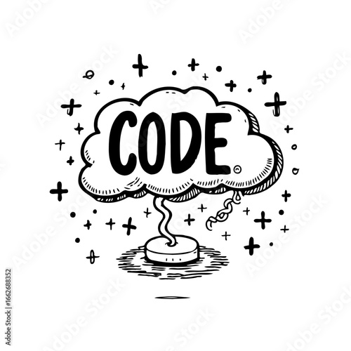 Conceptual coding inspiration artistic doodle depicting software development within a stylized
