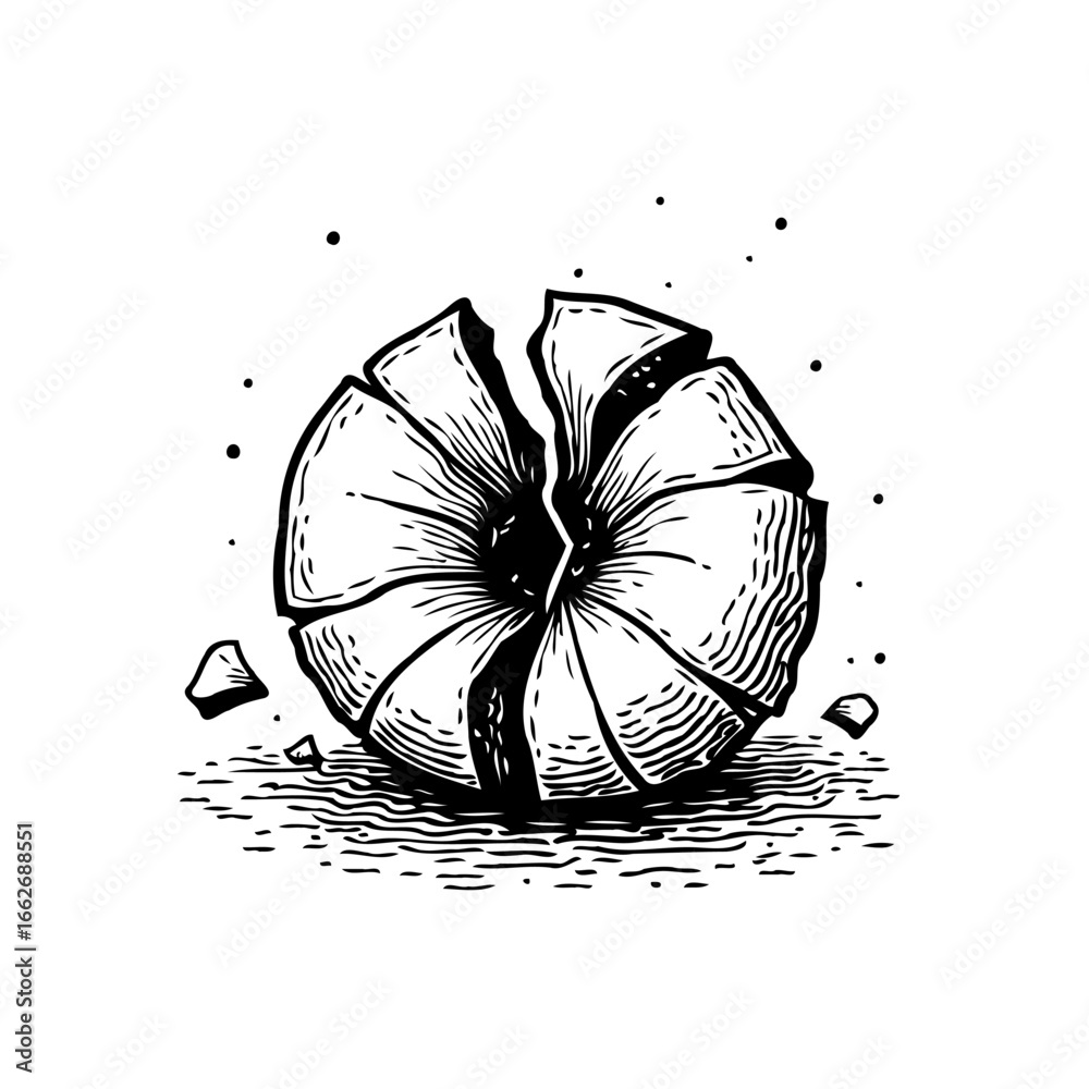 Obraz premium Cracked organic sphere symbol illustration reveals damaged structure and symbolizes fracture