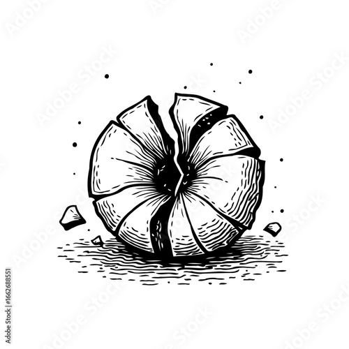 Cracked organic sphere symbol illustration reveals damaged structure and symbolizes fracture