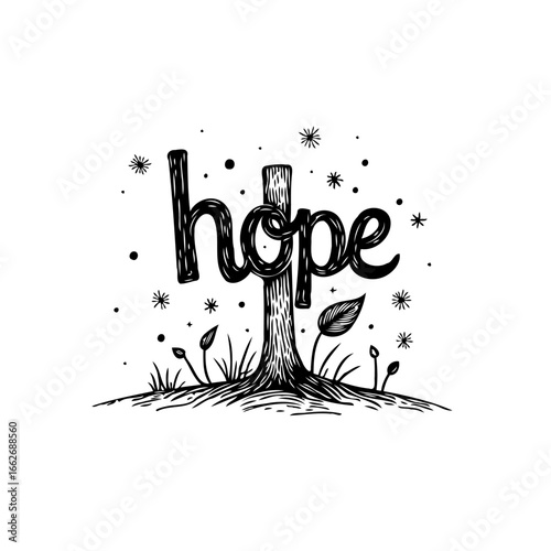 Cultivating optimism: a handwritten depiction of 'hope' blossoming like a small tree on a little