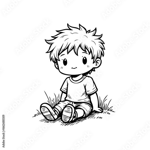 Cute cartoon boy sitting on grass, whimsical line art illustration for child, positive energy and
