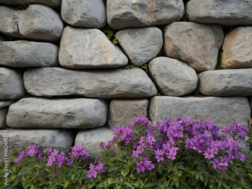 Stone wall with uneven large rocks and purple flowers at base