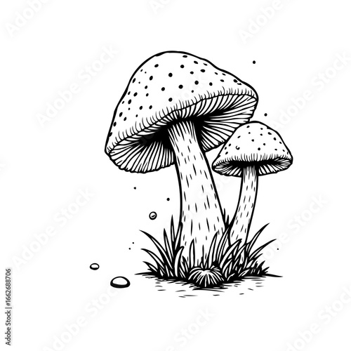 Delicate fungi illustration featuring dotted caps and intricate grass detailing enhances natural