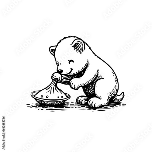 Delightful depiction of a charming puppy joyfully interacting with food in a minimalist black and