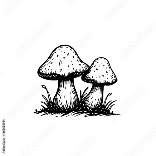 Detailed illustration of two mushrooms nestled among stylized grass creating whimsical natural