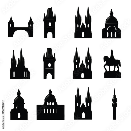A collection of black silhouette icons representing famous architectural landmarks and monuments from Prague, Czech Republic.