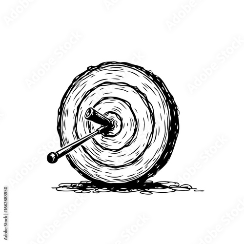 Detailed ink drawing depicts a peculiar sphere pierced by a slender rod, evoking a sense of