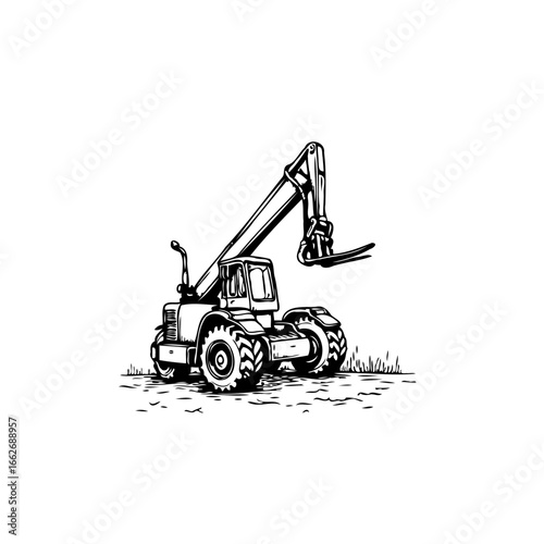 Detailed ink illustration of a telescopic handler machinery equipment for construction and