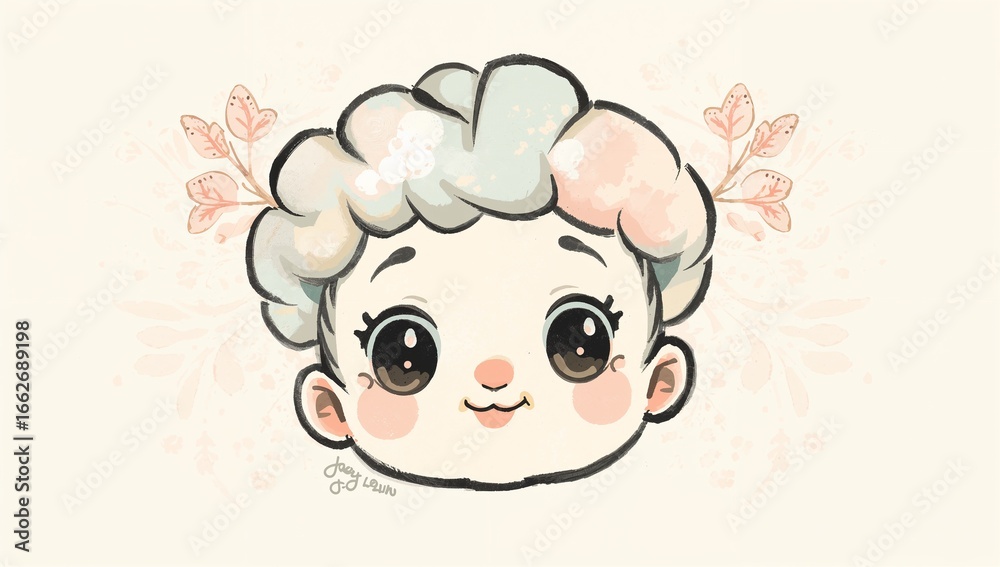 Fototapeta premium Adorable kawaii child face illustration featuring soft pastel tones, large sparkling eyes, and floral accents within the background, creating the sweet and playful atmosphere
