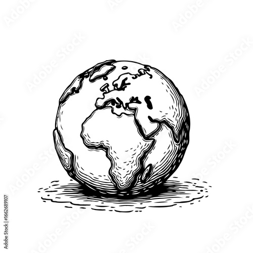 Detailed monochrome earth globe illustration conveying geographical elements with intricate lines