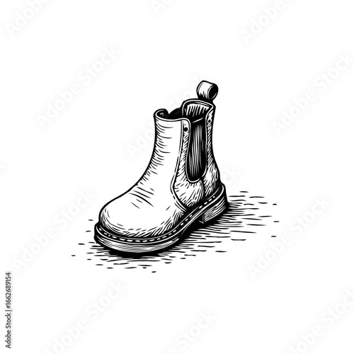 Detailed monochrome illustration showcasing a classic chelsea boot design with intricate linework