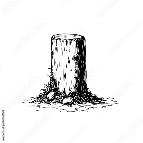 Detailed monochrome rendering showcases a solitary tree stump amidst natural ground cover elements