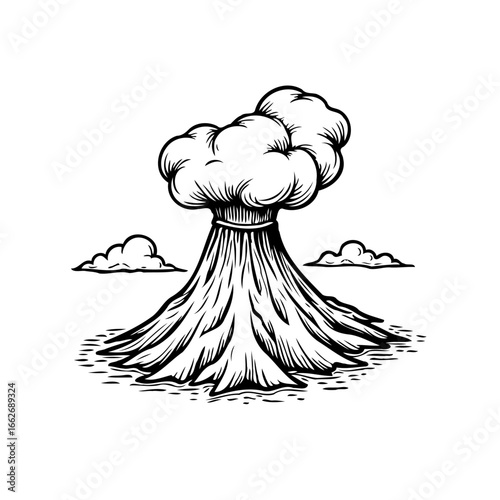 Dramatic monochrome volcano eruption illustration showcasing nature's powerful force, expressing