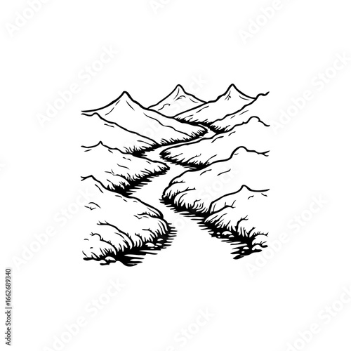 Drawn landscape illustration showcasing mountains with winding rivers creating a serene and