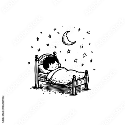 Dreamy slumber under the celestial canopy a child's peaceful night amidst twinkling stars and