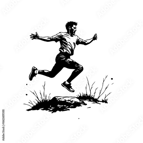 Dynamic celebration jumping man silhouette vector illustration showing happiness freedom triumph