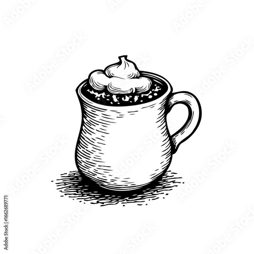 Elegant ink drawing of a classic mug filled with frothy coffee topped with delicate whipped cream