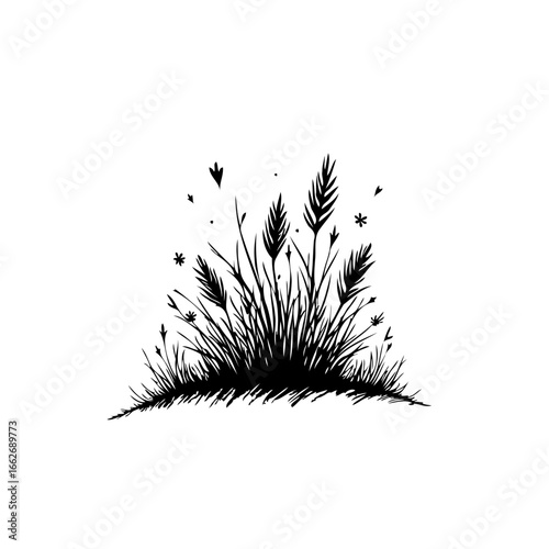 Elegant monochrome illustration of wispy grasses on a serene landscape conveying simplicity and