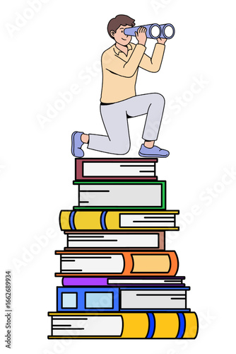 A man on a stack of books using binoculars, symbolizing today’s generation prefer seeking knowledge somewhere far like on social media instead of reading, with transparent background for easy editing.