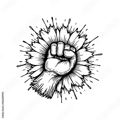 Empowered fist illustration symbolizing unity, strength, and defiance amidst abstract radiating