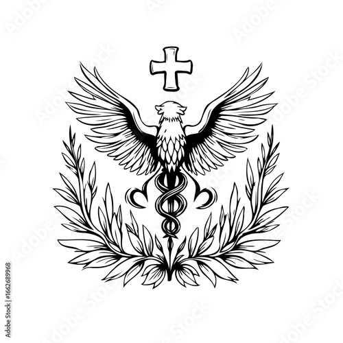 Emblematic representation with winged figure intertwining serpents and a symbolic cross conveys